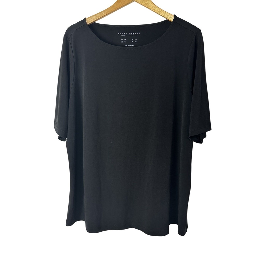 Susan Graver Modern Essentials Liquid Knit Top Womens 1X Solid Black Stretch‎
